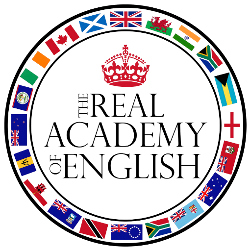 Logo circular de la academia de inglés de The Real Academy Of English con corona roja, texto central y banderas internacionales alrededor