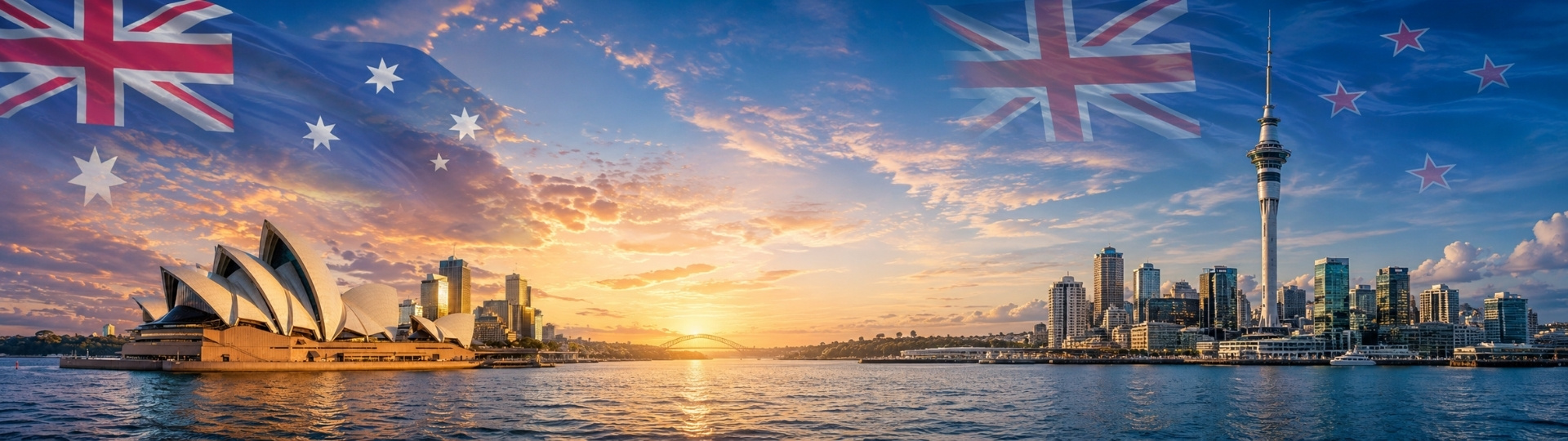 Montaje panorámico con la Ópera de Sídney, skyline urbano y banderas de Australia y Nueva Zelanda superpuestas