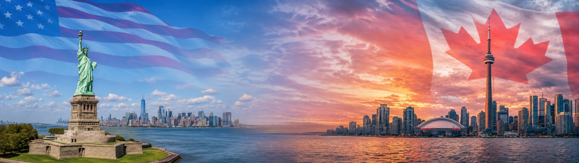 Montaje panorámico con la Estatua de la Libertad, skyline de Nueva York, Toronto y banderas de Estados Unidos y Canadá