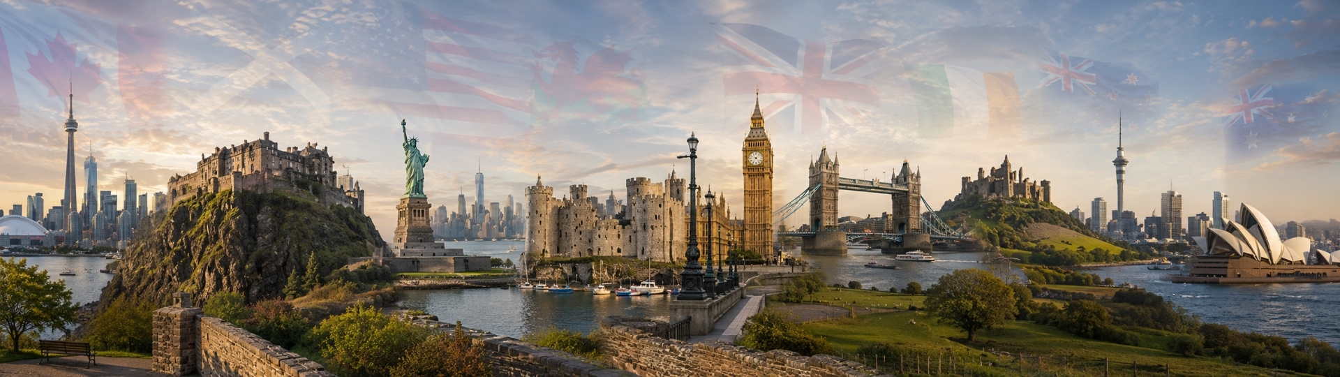 Montaje panorámico con castillos, monumentos, skylines y banderas de varios países sobre un paisaje continuo